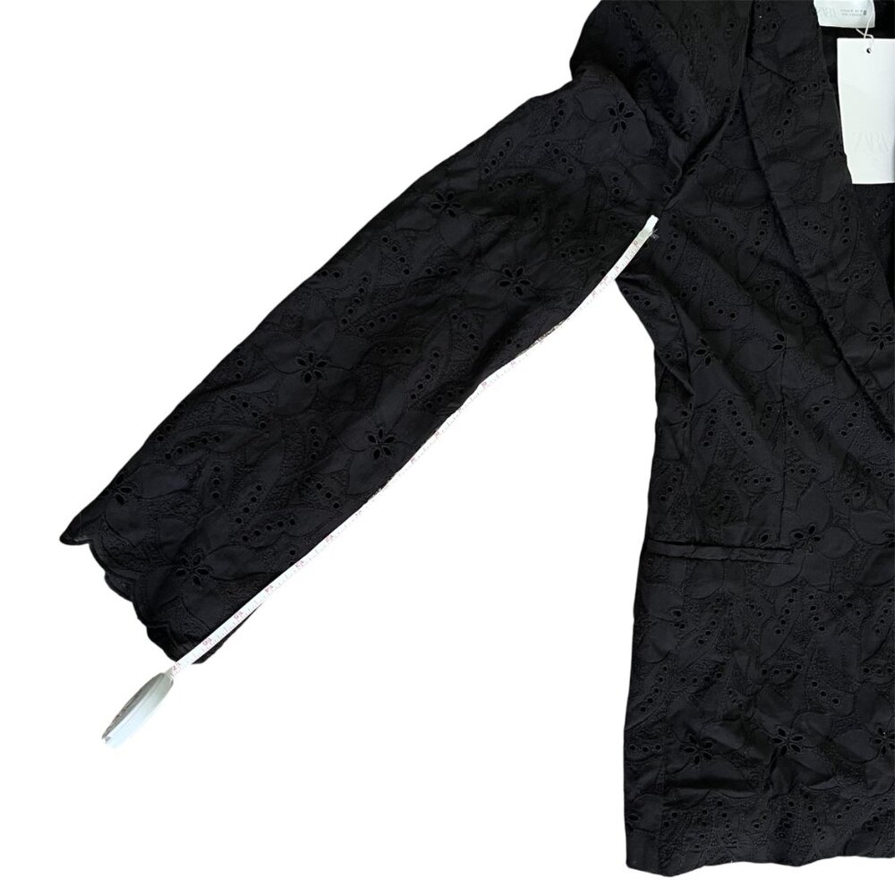 Zara Black Embroidered Eyelet Blazer Medium Organic Cotton Chic Elevated Basics - Picture 13 of 13